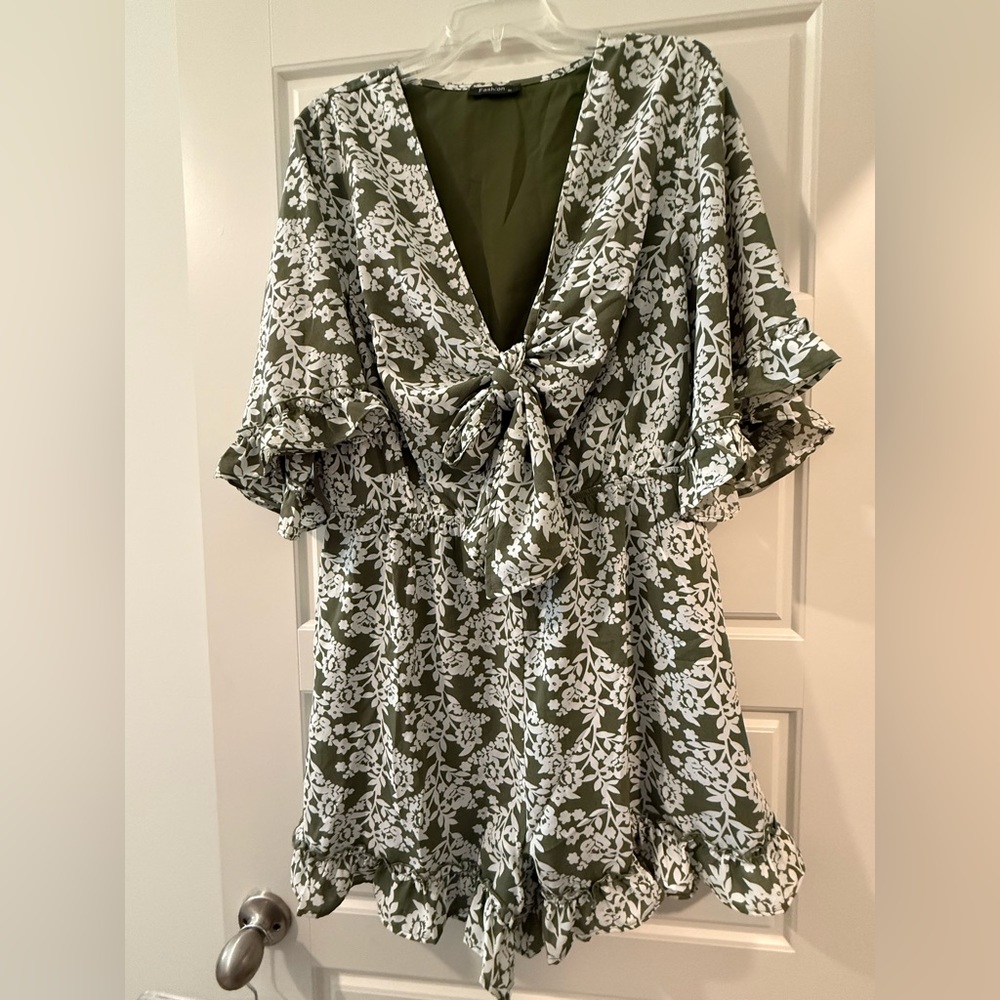 Olive Green Floral Tie-Front Romper